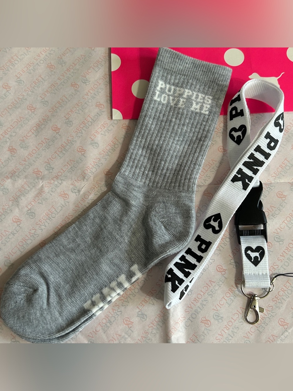 PINK Victoria's Secret Gray Crew Socks and Lanyard